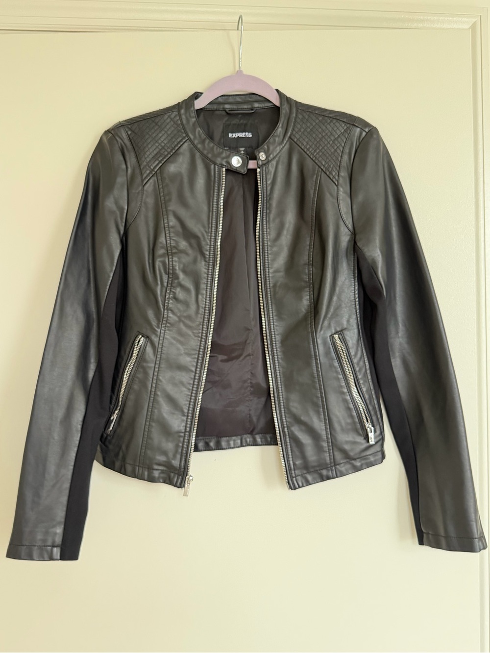 Express Black Faux Leather Moto Jacket with Quilted Shoulders